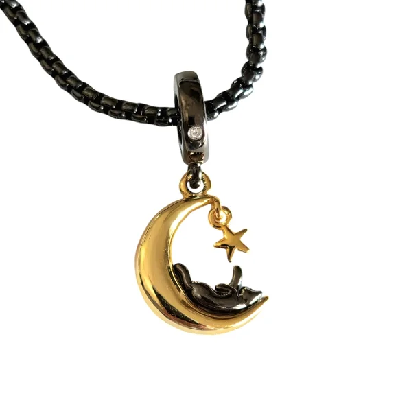 Sterling Silver Black & Gold Cat & Cresent Moon Dangle Pendant Bracelet Charm - Picture 4 of 6